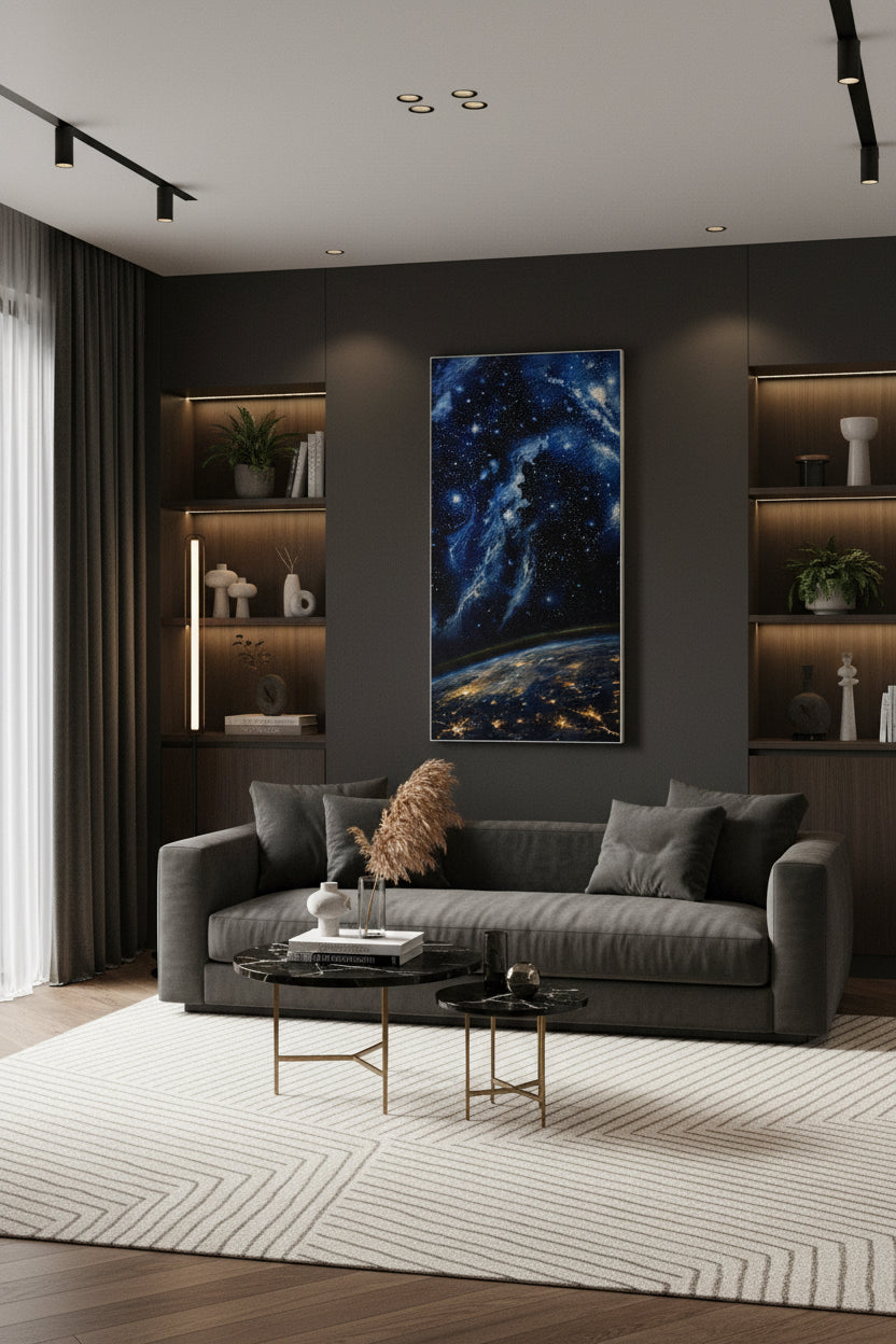 Cosmic reverie galaxy wall art print above couch in modern living room