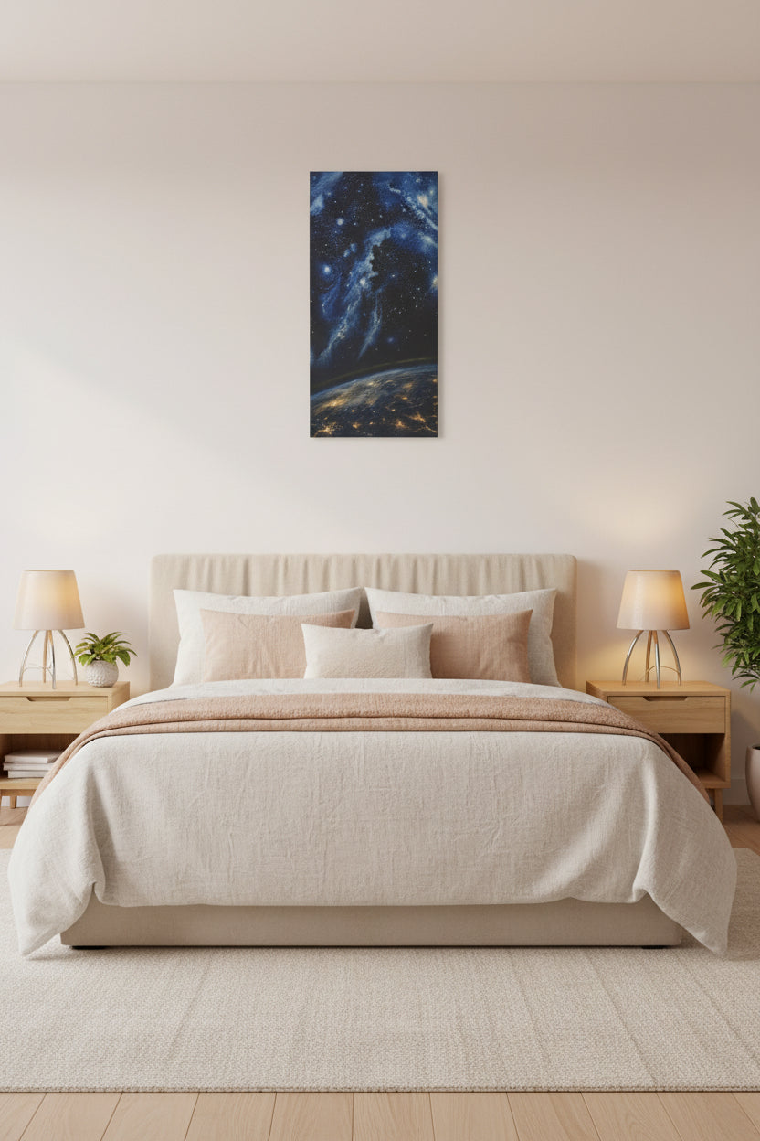 Cosmic reverie galaxy wall art print above bed in modern bedroom