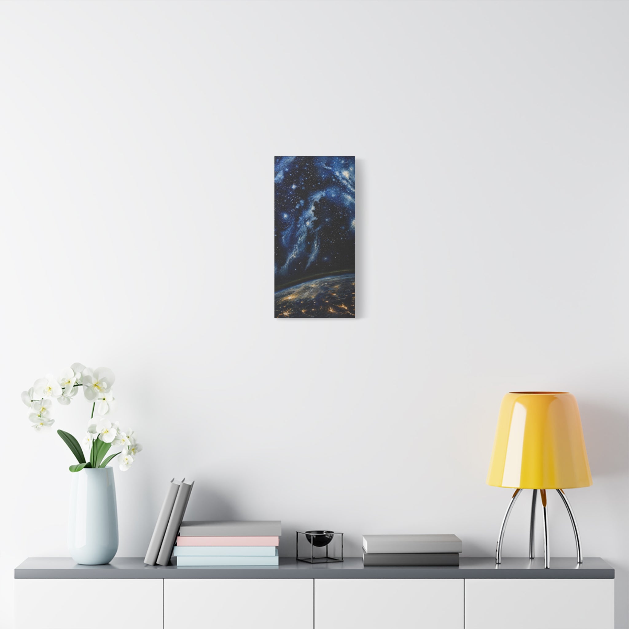 Cosmic reverie galaxy wall art print above bed in modern bedroom