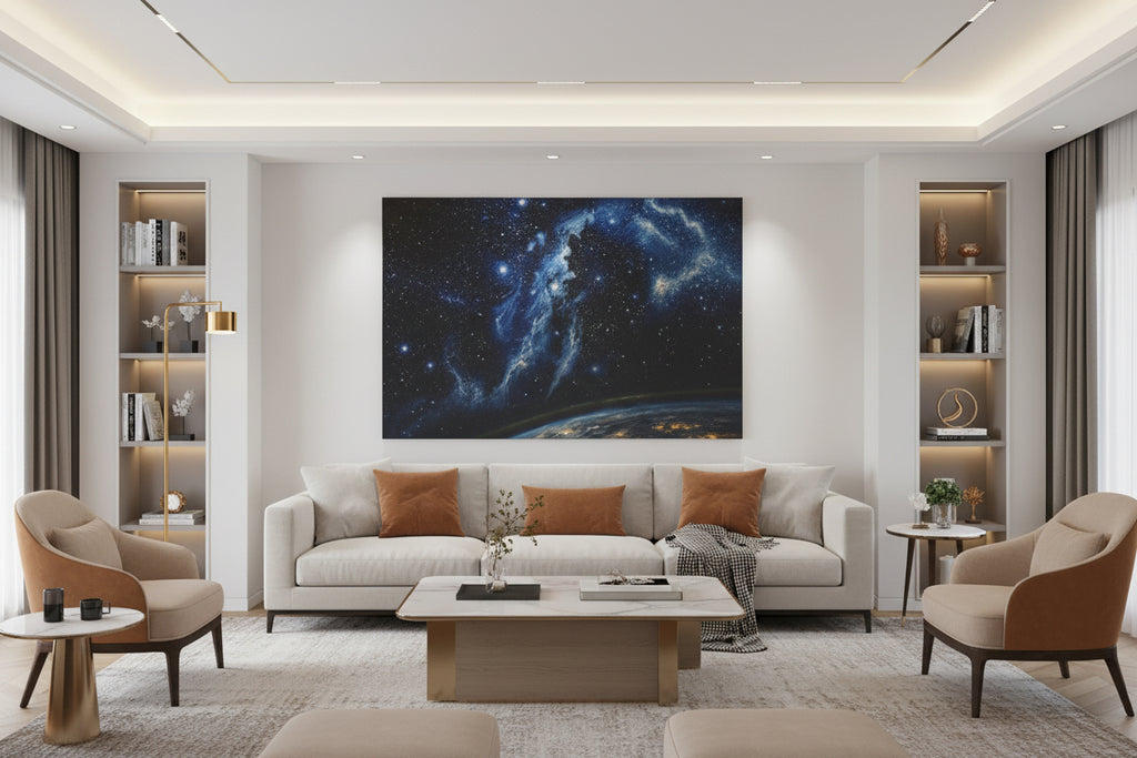 Cosmic reverie galaxy wall art print above couch in modern living room