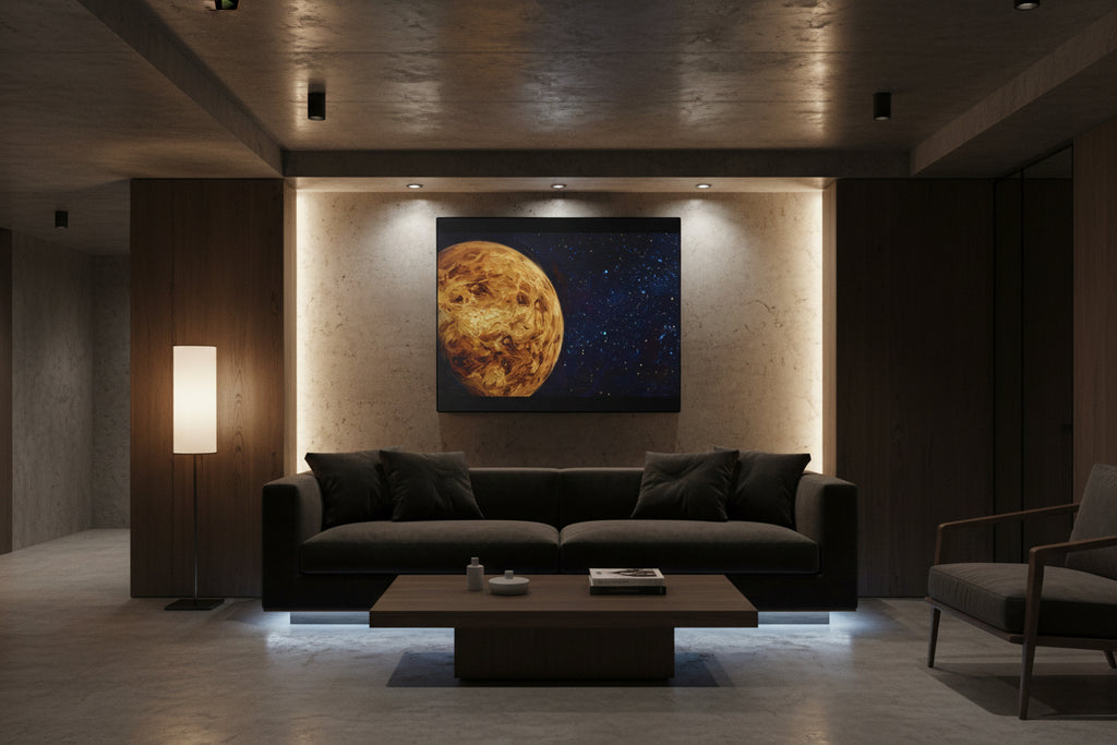 Venus planet galaxy wall art print in basement lounge with ambient lighting