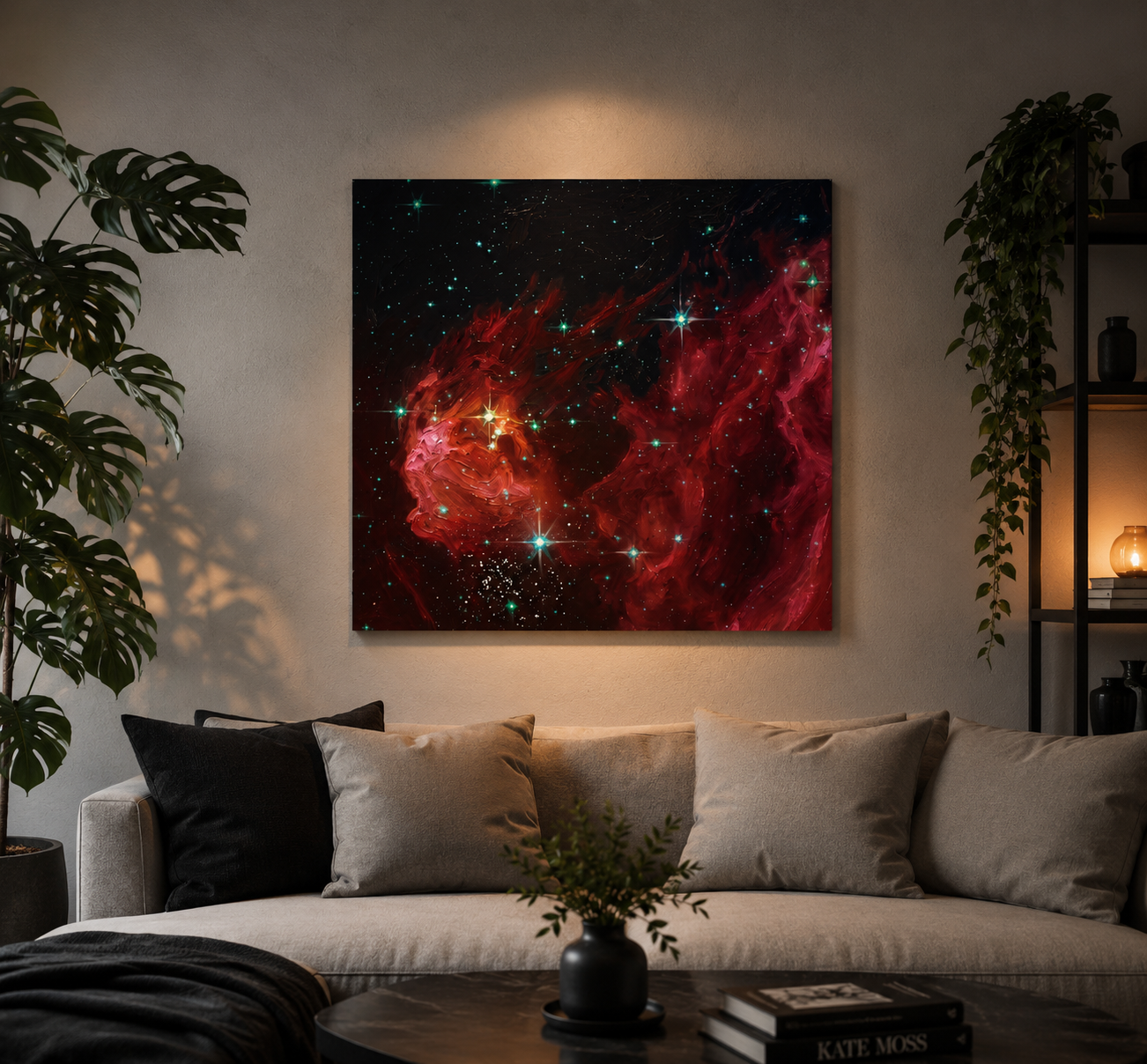 Red nebula galaxy wall art print in modern kitchen with warm ambient lighting
