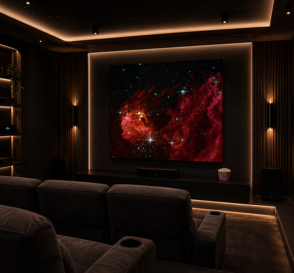 Red nebula galaxy wall art print in home theater room with ambient lighting