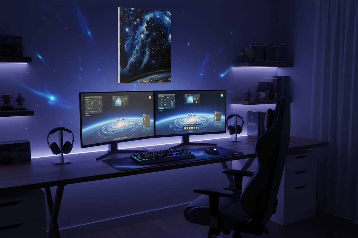 Cosmic reverie galaxy wall art print in RGB gaming setup with LED lighting