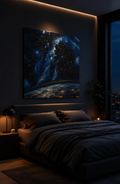 Cosmic reverie galaxy wall art print above bed in modern bedroom