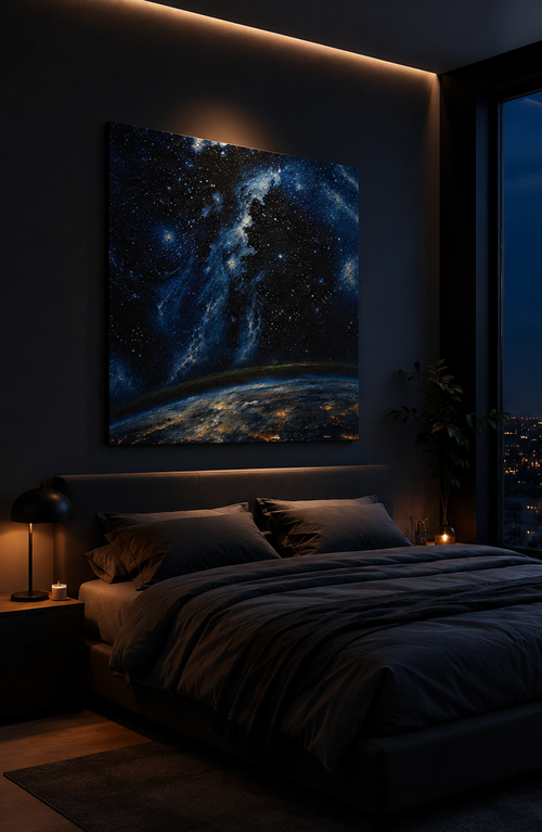 Cosmic reverie galaxy wall art print above bed in modern bedroom