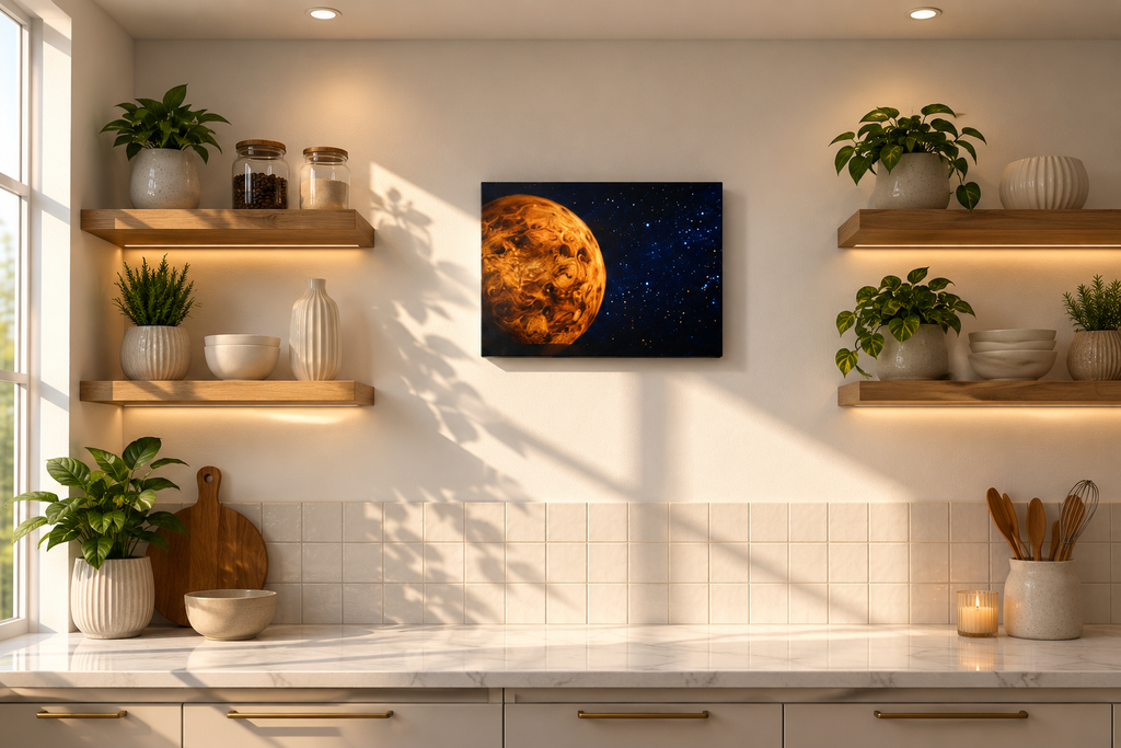 Venus planet galaxy wall art print in modern kitchen with ambient lighting
