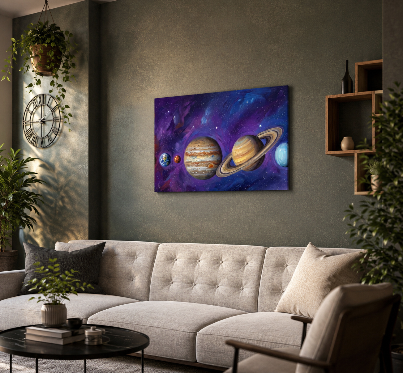 Galaxy wall art print above couch in modern living room