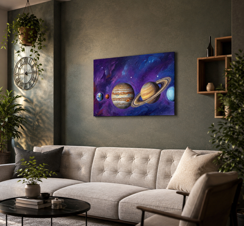 Galaxy wall art print above couch in modern living room