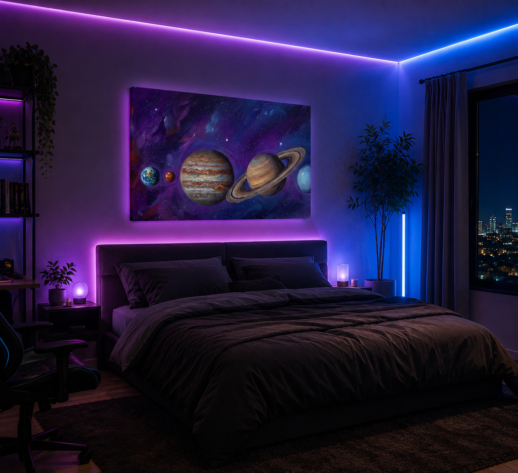 Neon galaxy wall art print above bed in modern bedroom with LED lighting
