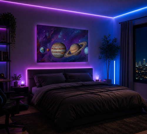 Neon galaxy wall art print above bed in modern bedroom with LED lighting