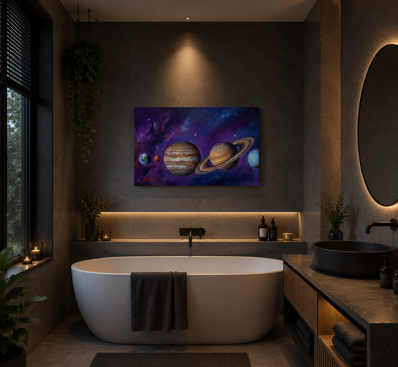 Space galaxy wall art print in modern bathroom decor